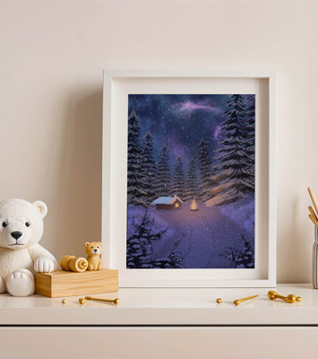 Winter night landscape with snowy cabin and pine forest