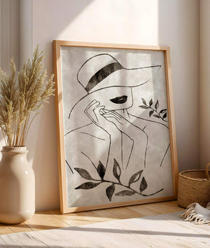 Abstract Woman in Hat with Minimalist Leaf Design
