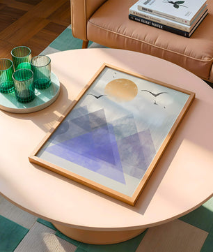 Abstract Mountain Landscape with Geometric Elements and Soaring Birds