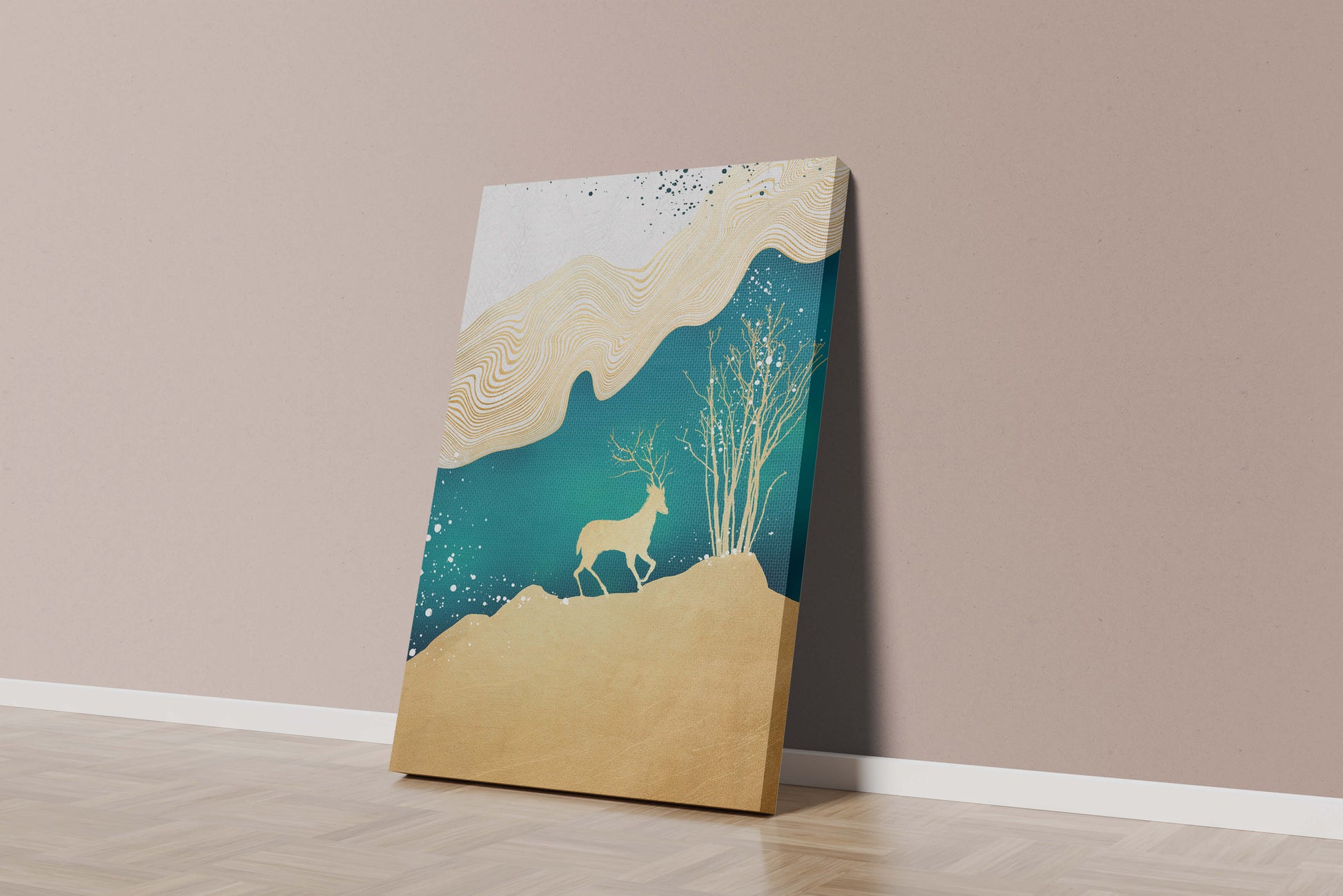 Elegante arte abstracto con ciervos dorados y temática de naturaleza.