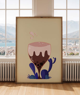 Illustration eines skurrilen Weinglases mit Flüssigkeitsspritzern und violetten Pflanzen