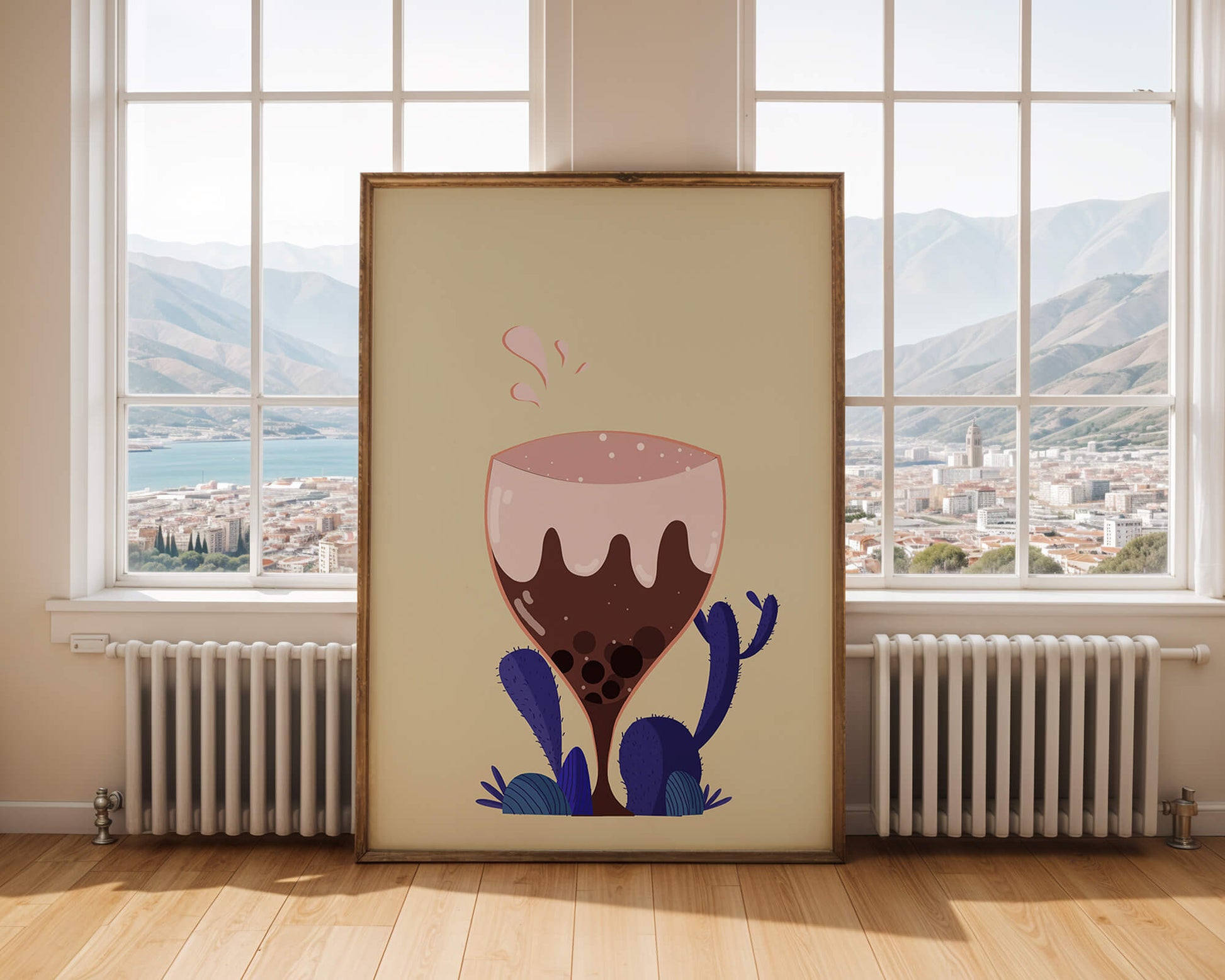 Illustration of a whimsical wine glass with liquid splash and purple plants