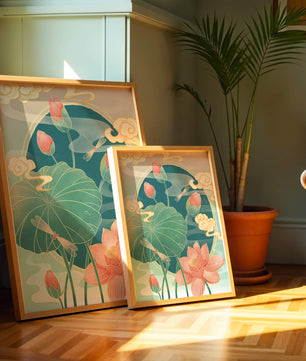 Ruhiges orientalisches Lotus-Design mit Libellen und Wolken