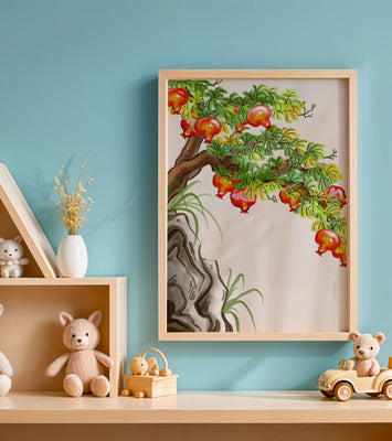 Serene landscape with pomegranate tree and rocky outcrop