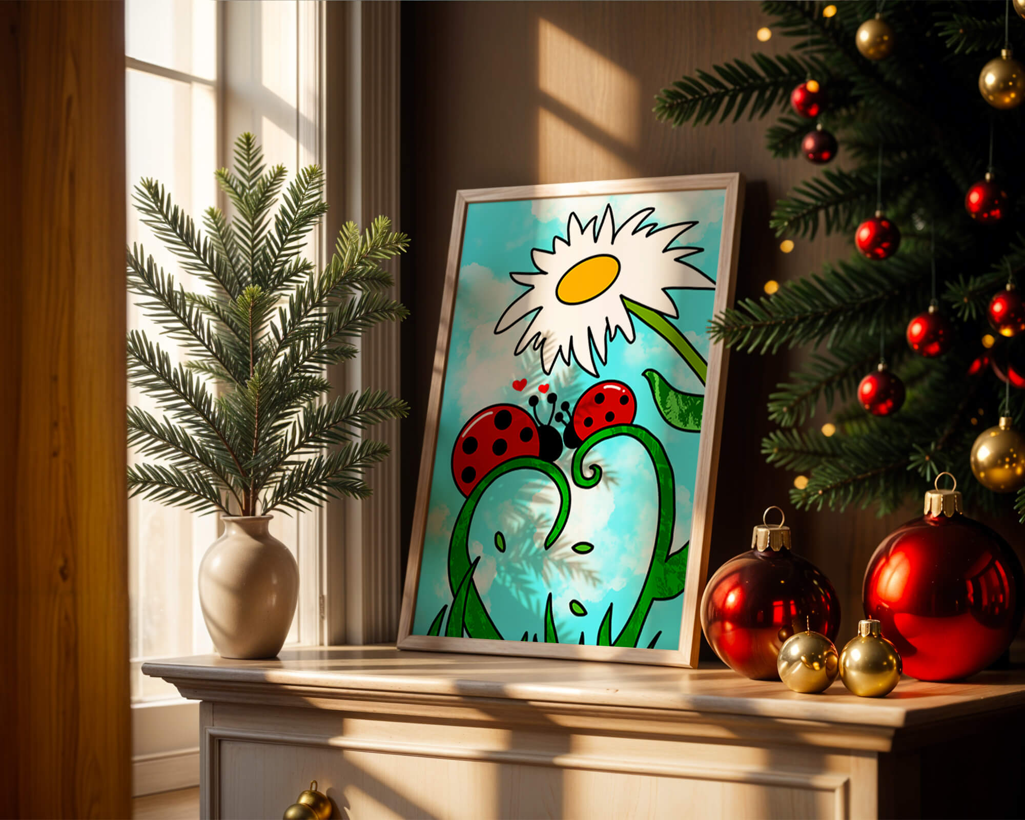 Ladybugs in love beneath a daisy on a bright sky