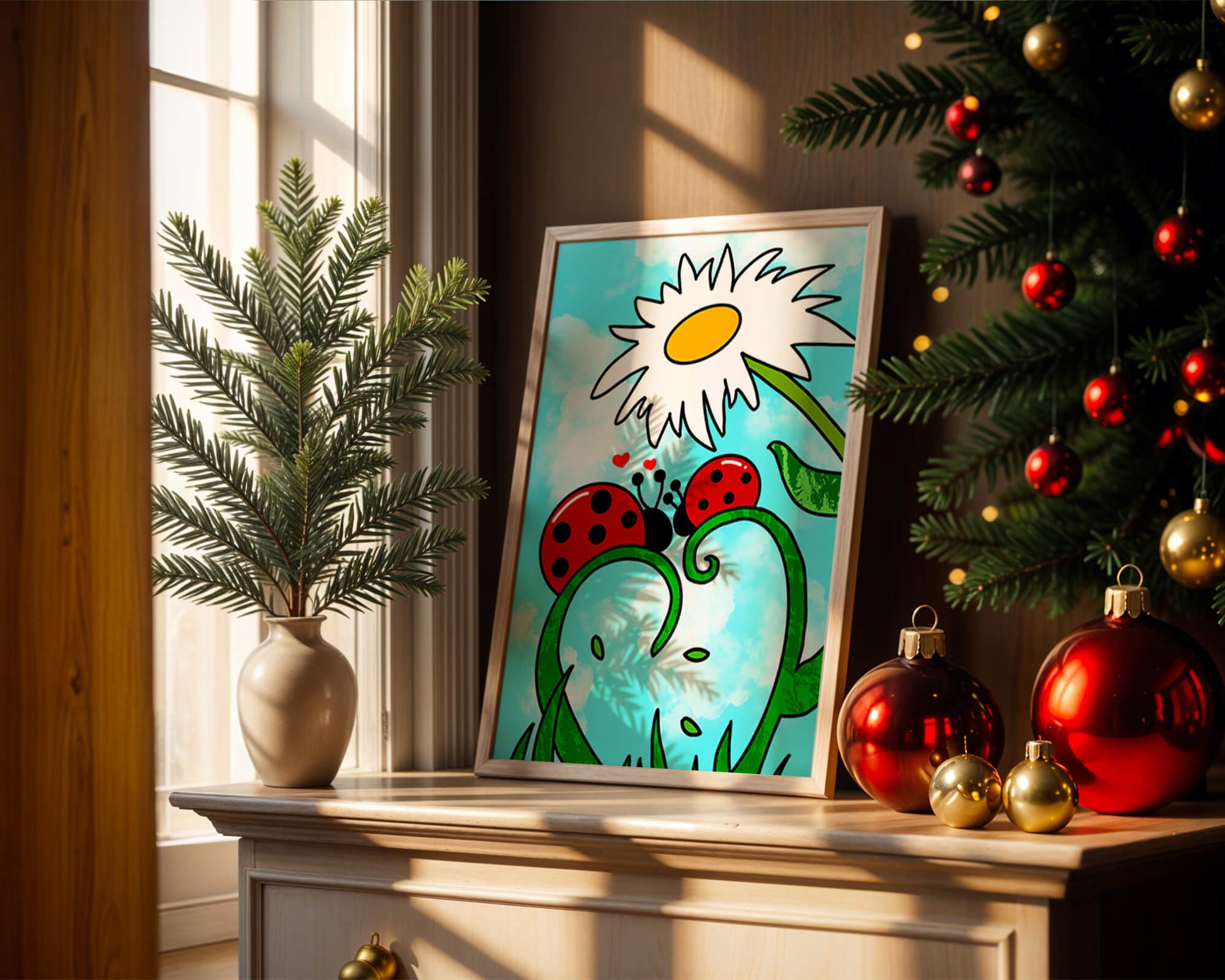 Ladybugs in love beneath a daisy on a bright sky