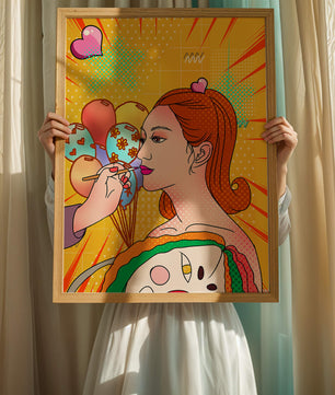 Retrato de mujer en arte pop colorido con globos y patrones vibrantes