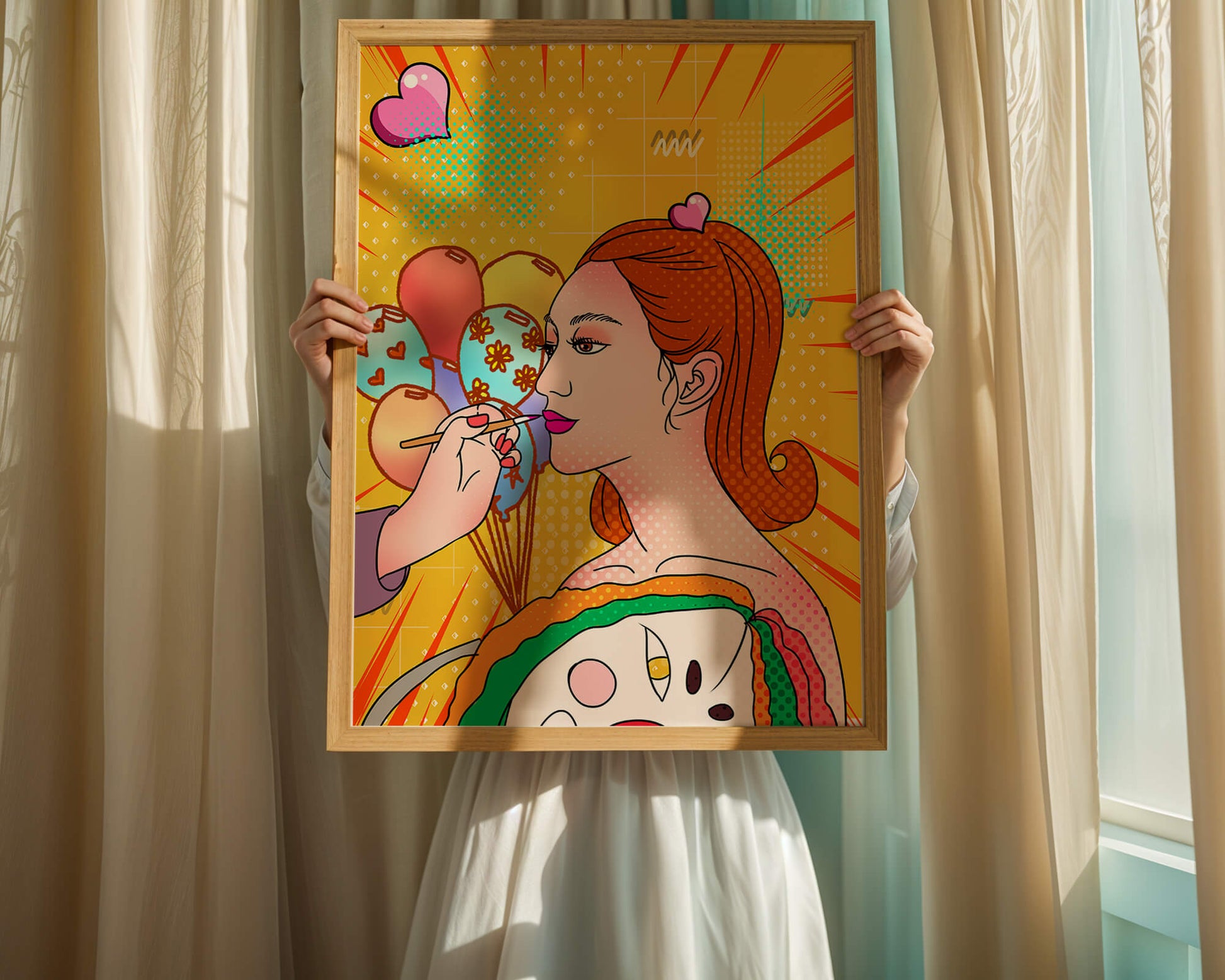 Colorful pop art woman portrait with balloons and vibrant patterns