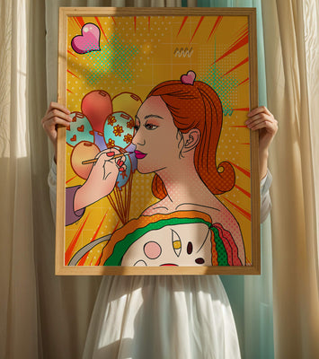 Colorful pop art woman portrait with balloons and vibrant patterns