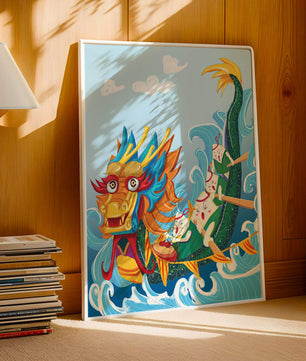 Ilustración vibrante de un dragón en un bote con remeros animados