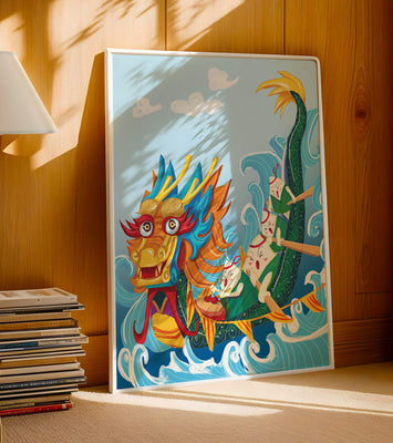 Vibrant dragon boat illustration with animated paddlers
