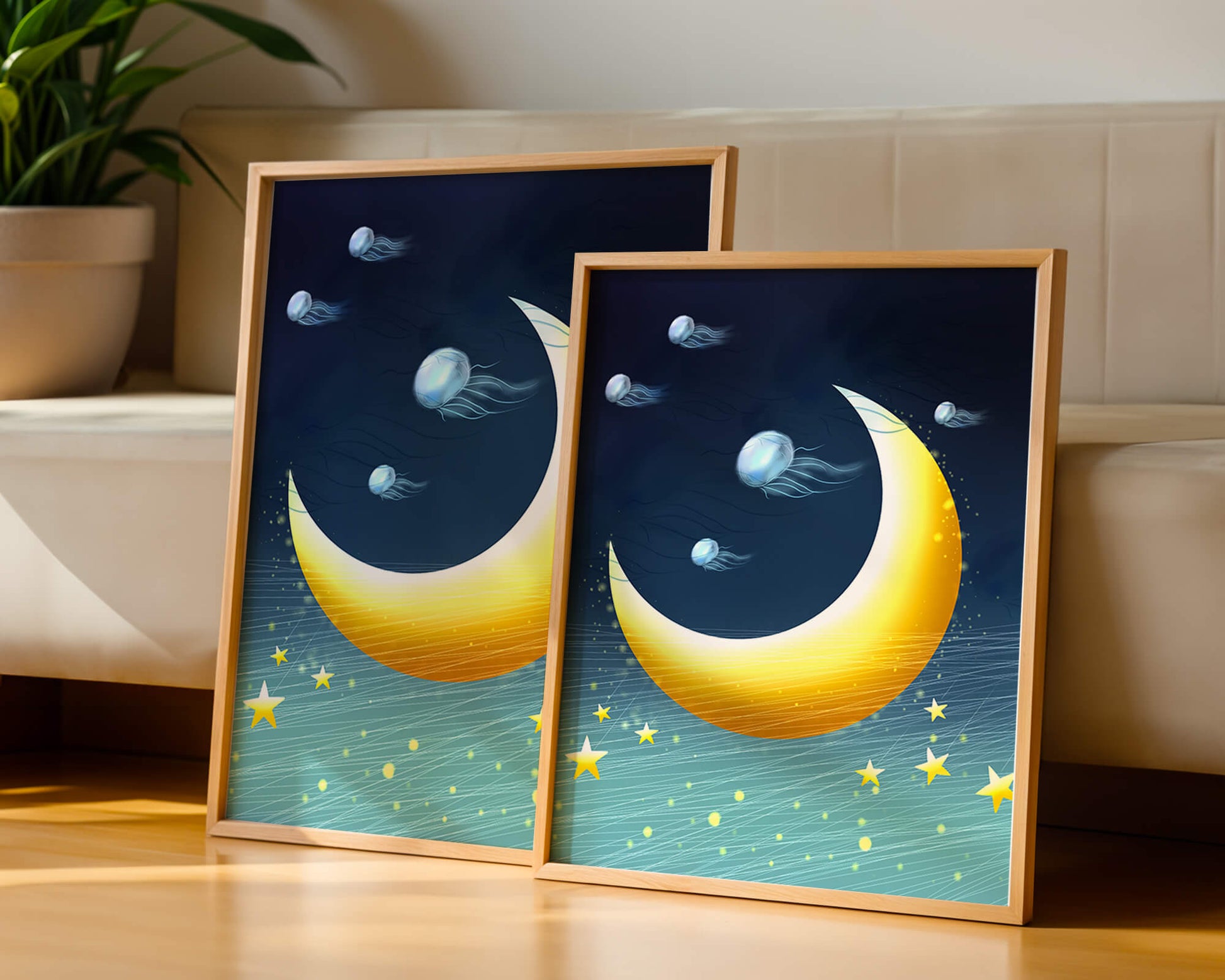 Night sky with golden crescent moon and jellyfish drifting