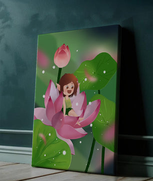 Charming fairy sitting on a blooming pink lotus in a magical garden