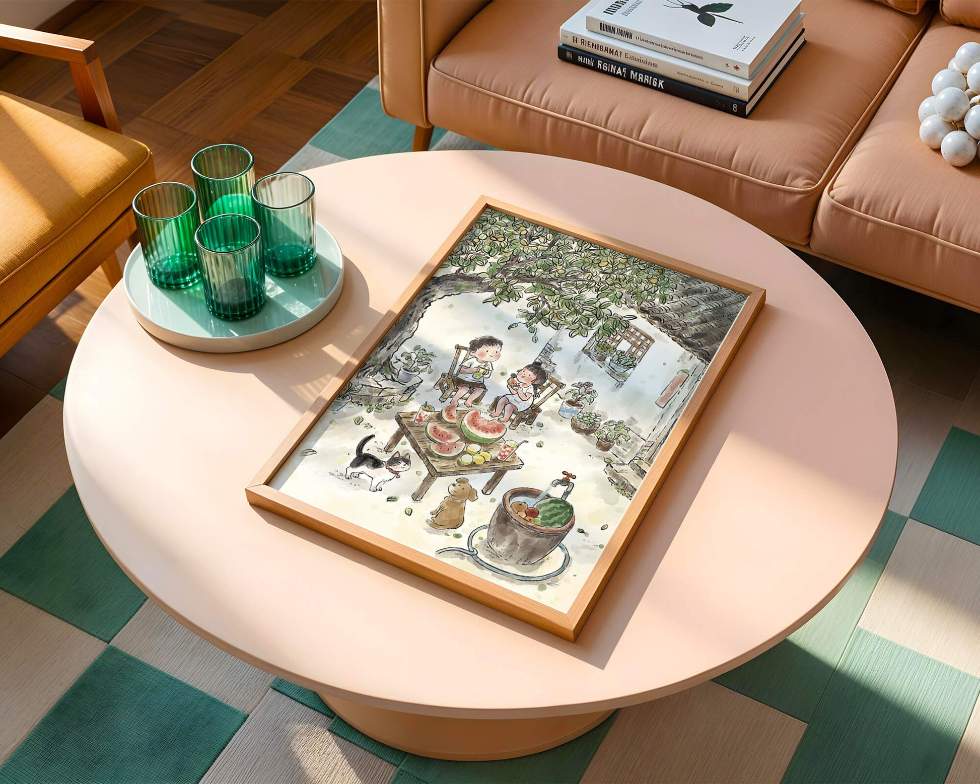 Encuentro acogedor en el patio trasero de verano con sandía y mascotas