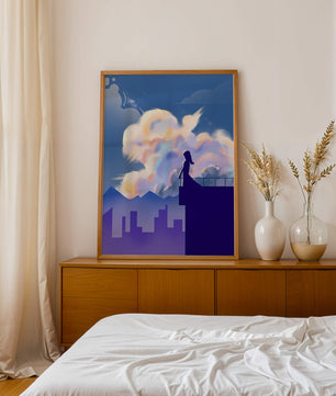 Silhouette of a woman on rooftop against a dreamy sky with colorful clouds