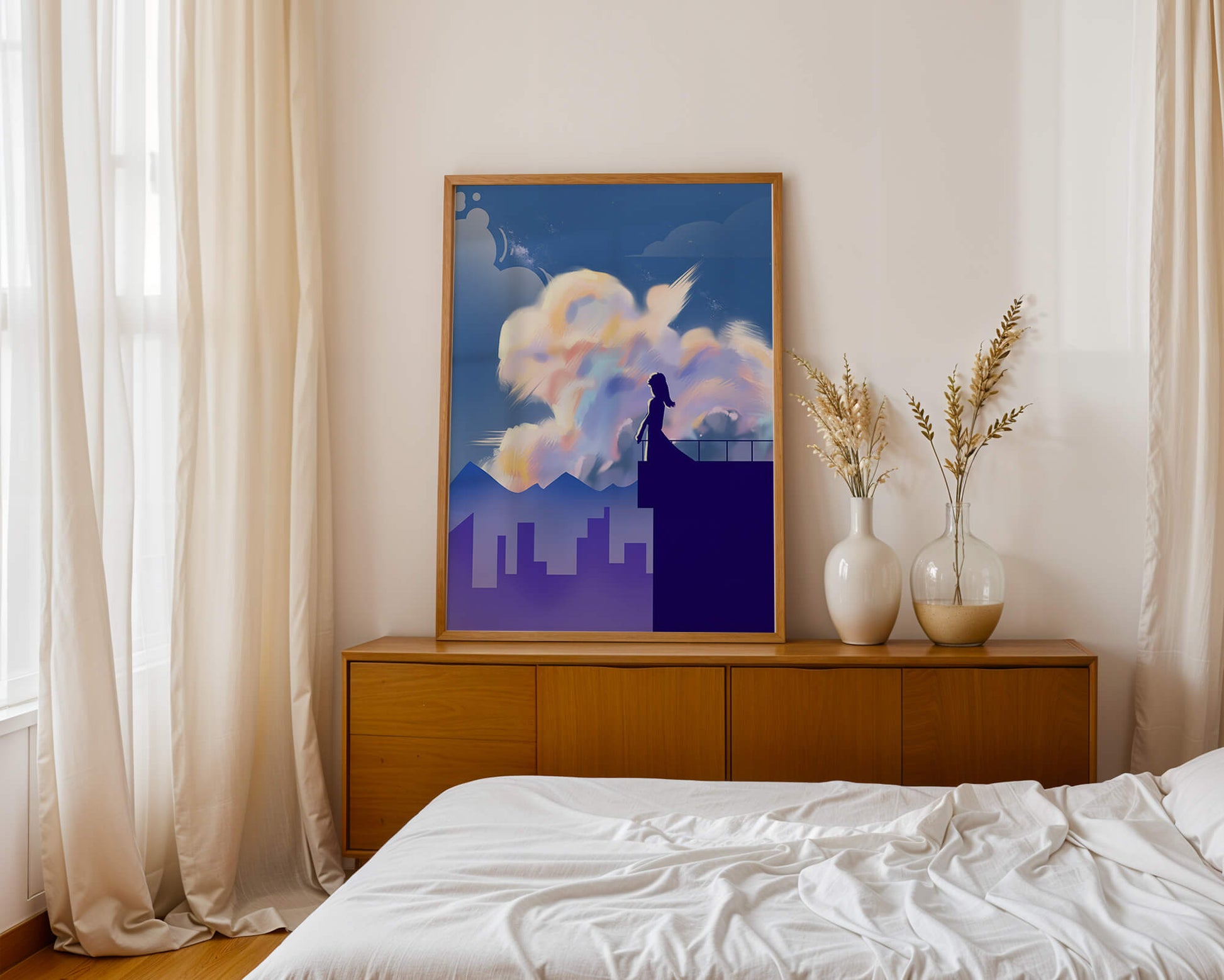Silhouette of a woman on rooftop against a dreamy sky with colorful clouds