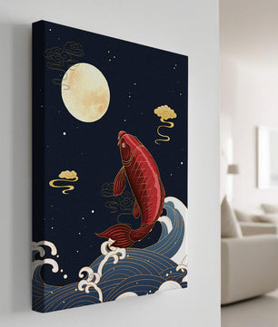 Ilustración artística de peces koi saltando sobre las olas bajo la luz de la luna