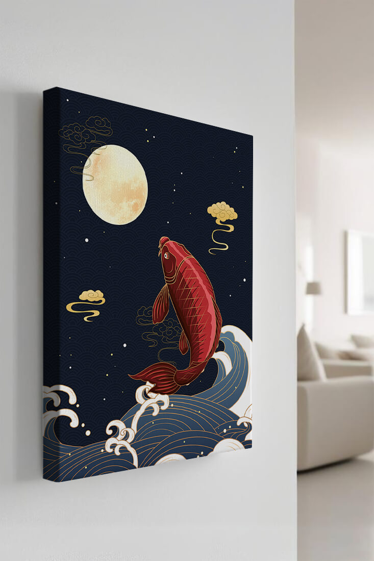 Artistic illustration of koi fish jumping over waves under moonlight