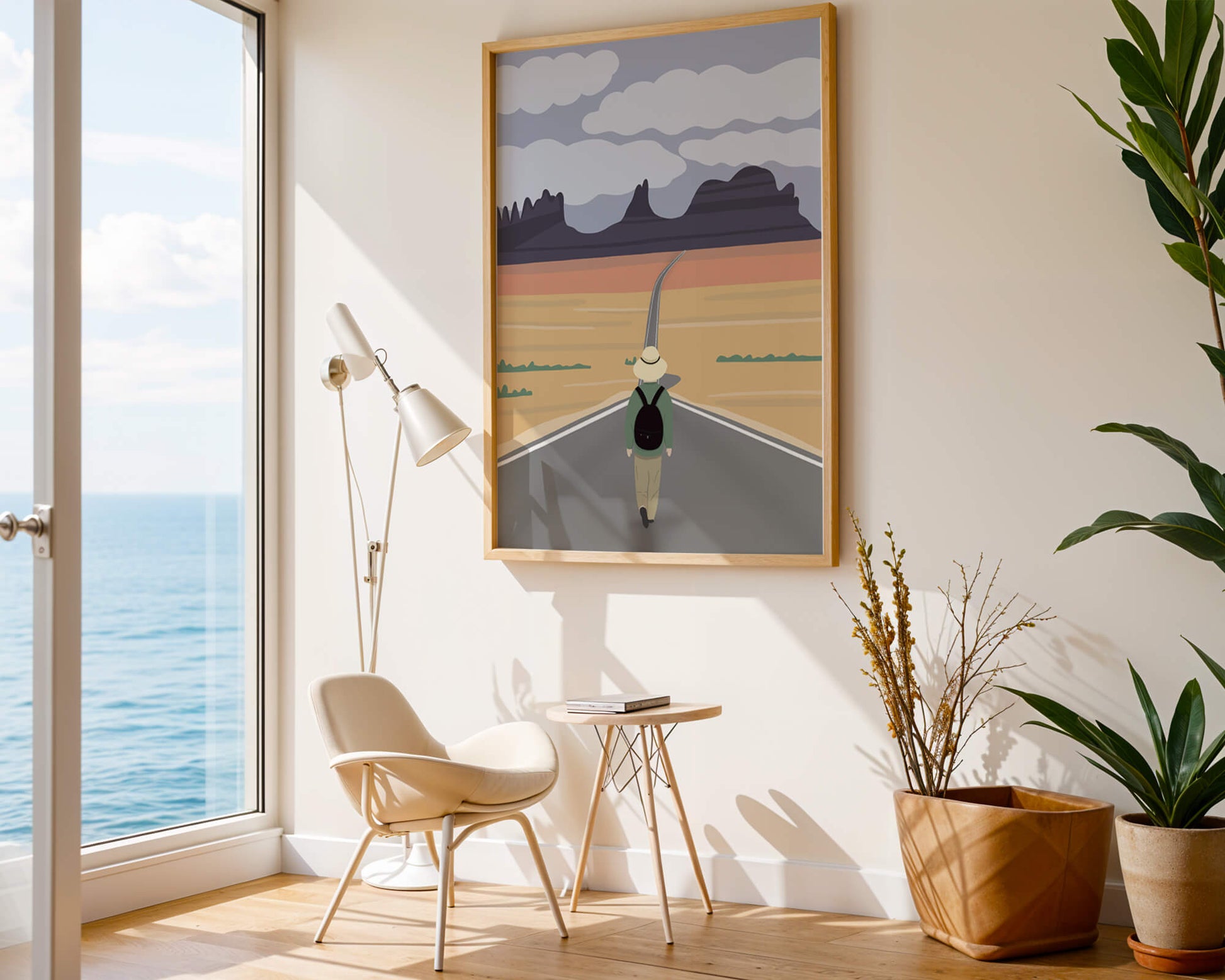 Traveler Walking on Endless Road Toward Mountains