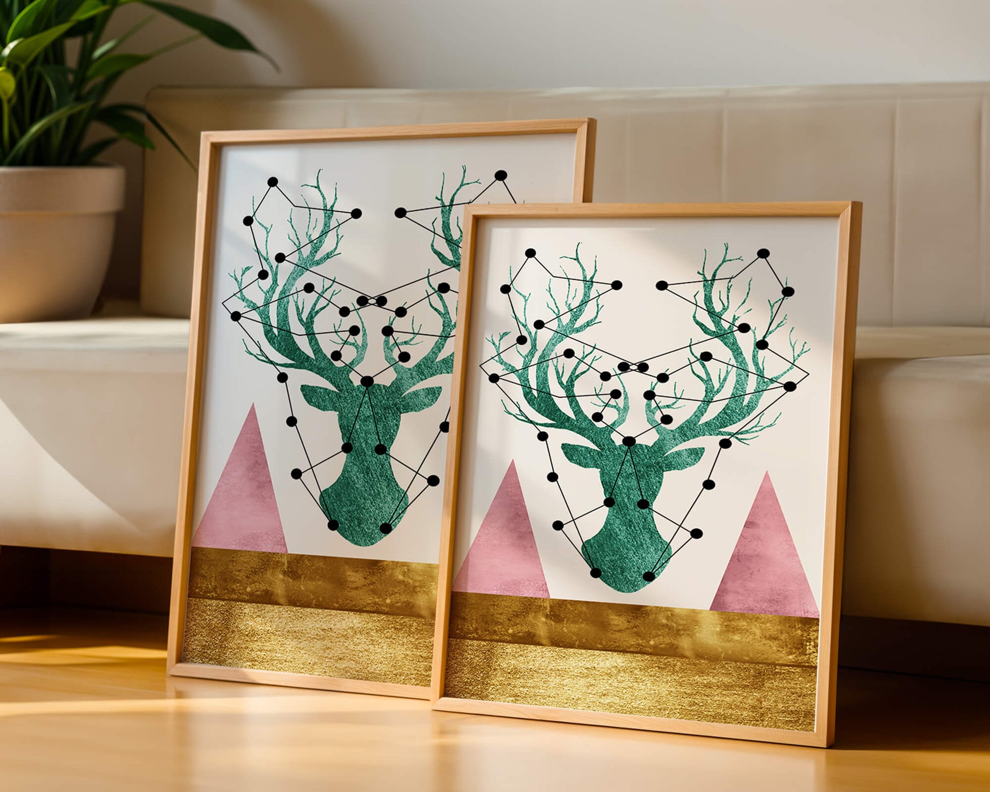 Geometric Deer with Abstract Elements and Gold Accents