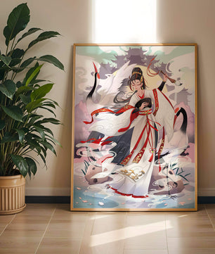 Elegant Asian Artistry with a Crane and Traditional Attire