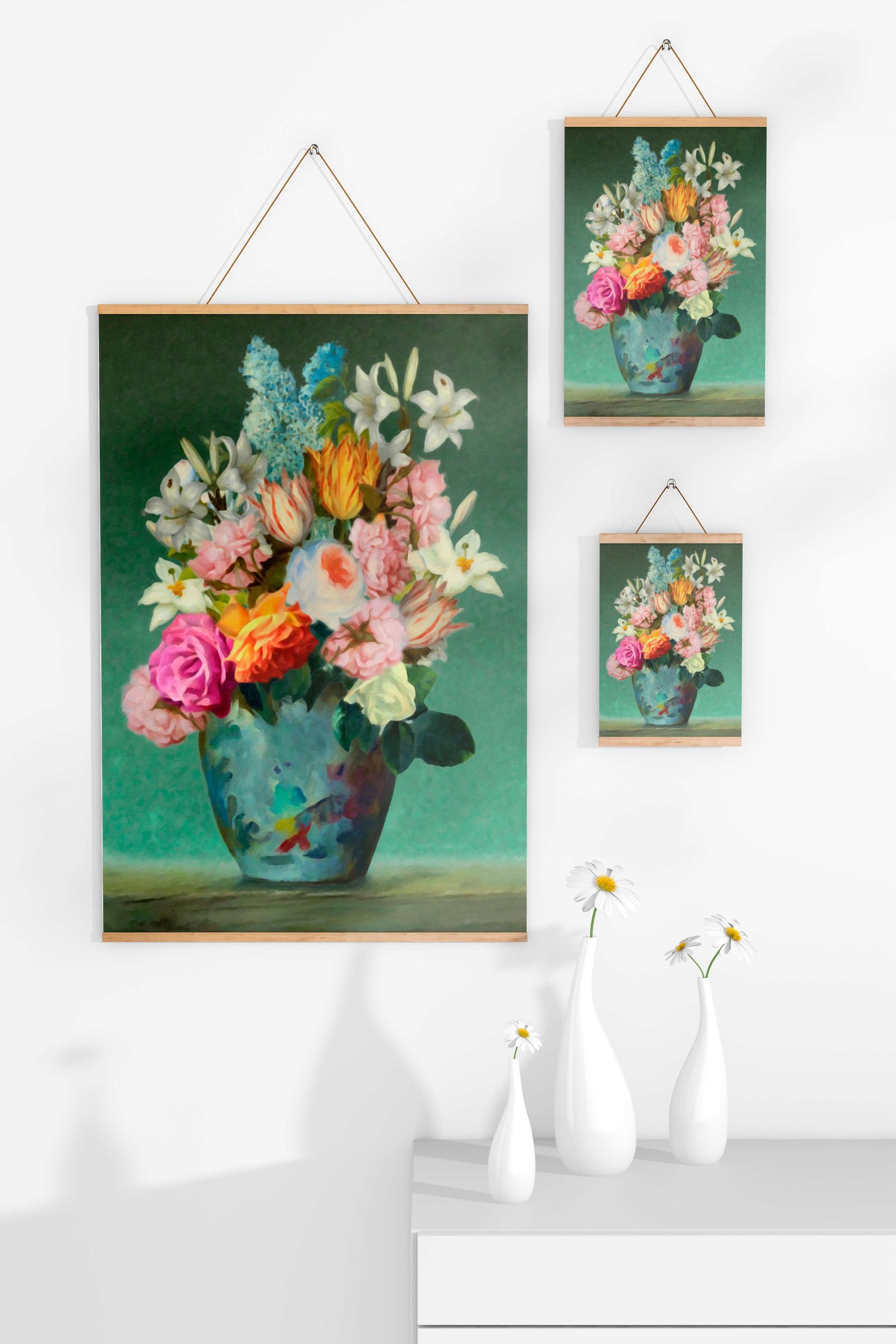 Floral arrangement in a decorative vase on a green background