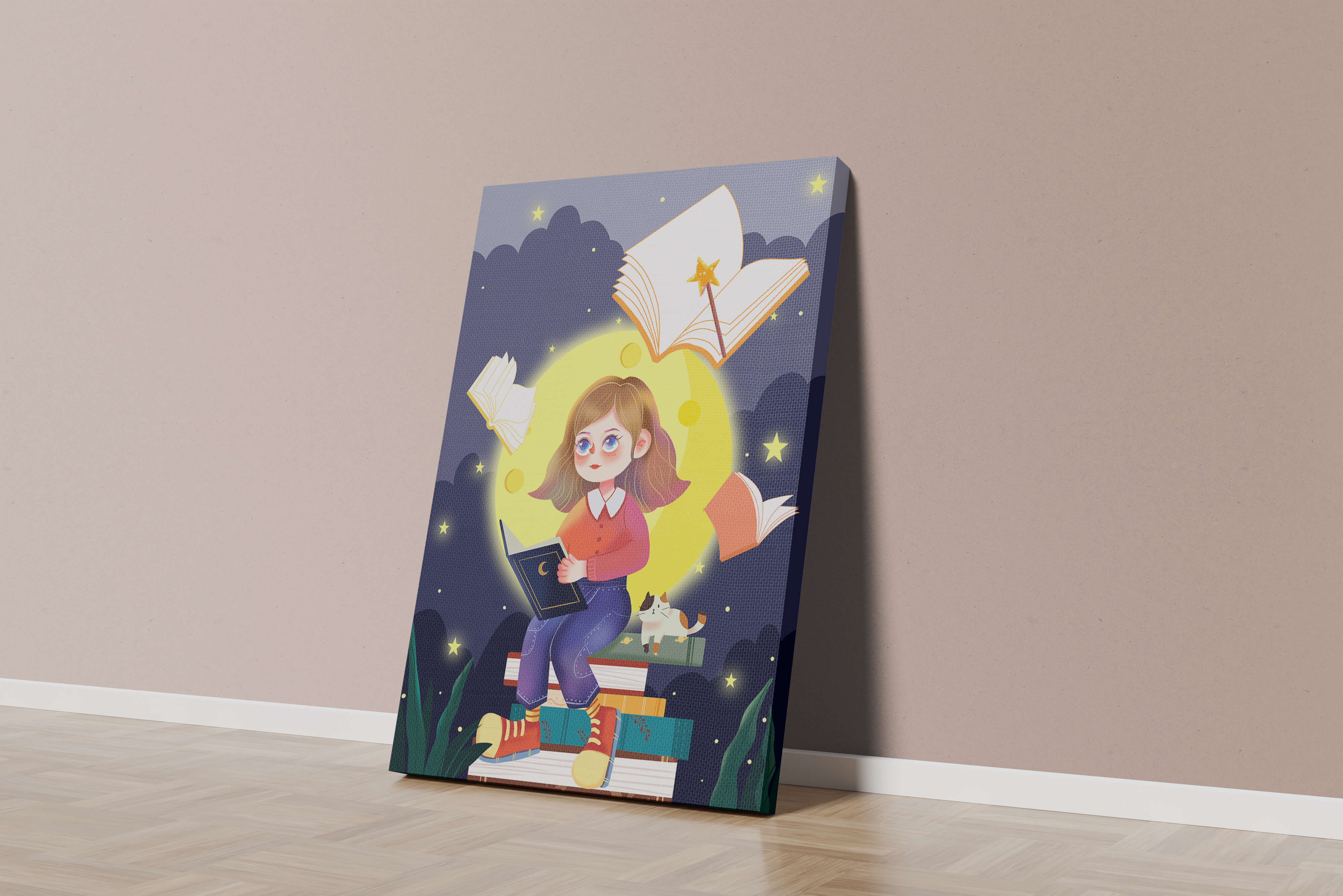 Illustration of a girl reading books under a starry night sky