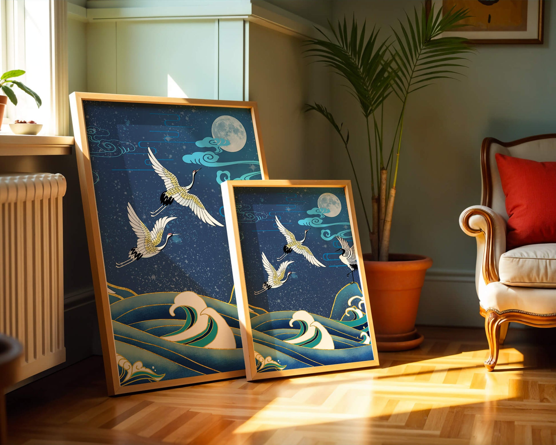 A Serene Night Scene with Cranes and Waves in Traditional Japanese Art Style