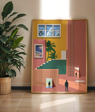 Surreale Architekturlandschaft mit tropischen Elementen und abstrakten Figuren