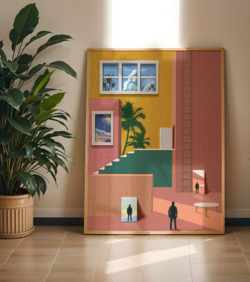 Surreal architectural landscape with tropical elements and abstract figures