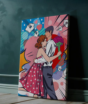 Pareja abrazándose en estilo pop art con un fondo colorido