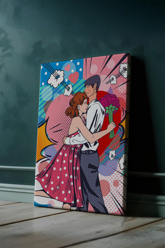 Pop Art Couple Embracing with a Colorful Background