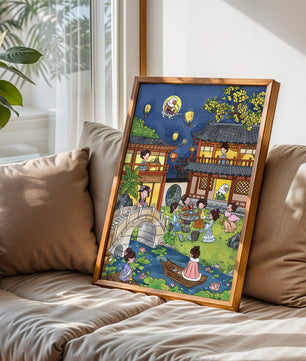 Traditional Chinese Garden Scene with Lanterns and Moon Rabbit