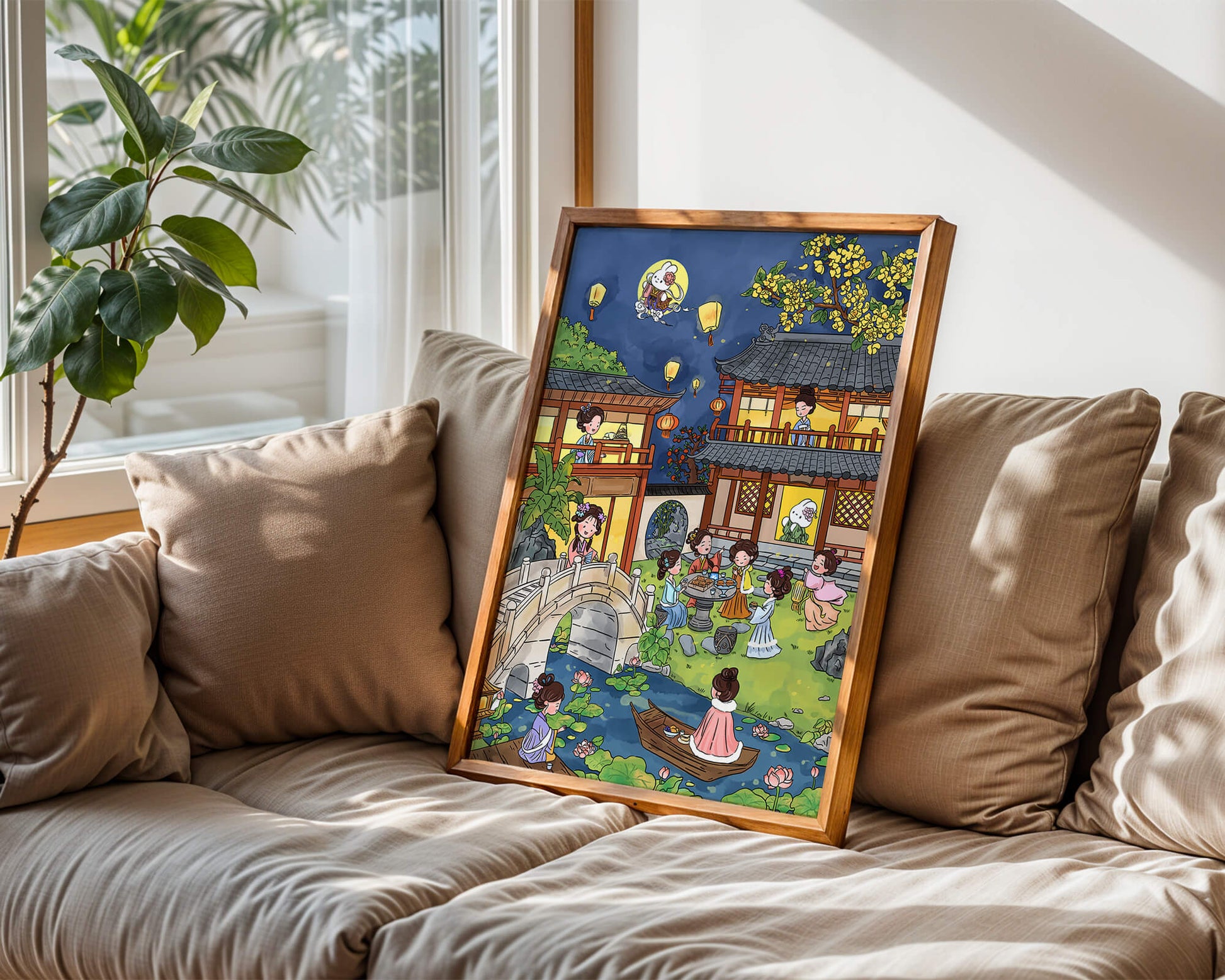 Escena de jardín chino tradicional con linternas y conejo lunar