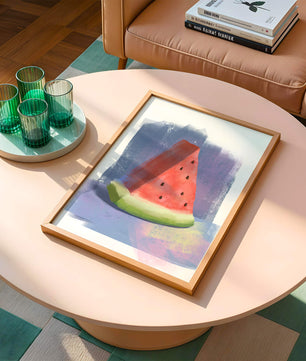Ilustración en acuarela de una rodaja de sandía con fondo abstracto