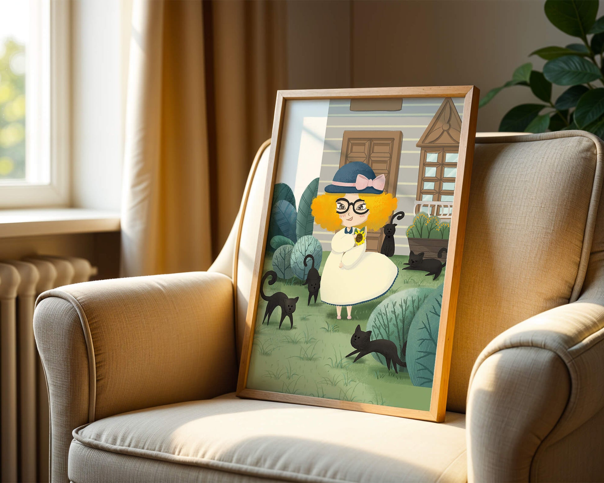 Girl with black cats in a garden setting with floral background