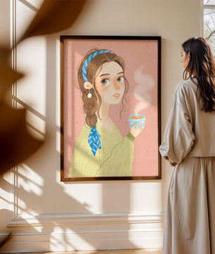 Illustration d'une fille avec un bandeau tenant une tasse fumante