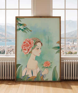 Ilustración de una mujer con una flor y texto que dice "Hola, julio"