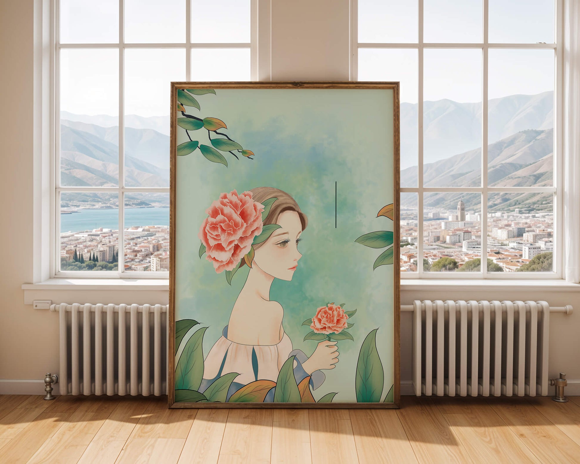 Illustration of a woman with a flower and text saying "Hello, July"