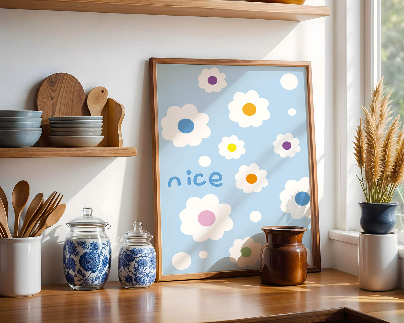 Pastel floral pattern with colorful centers on a blue background