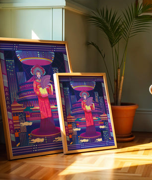 Futuristic Asian Inspired Artwork with Neon Colors and Geisha in Traditional Attire