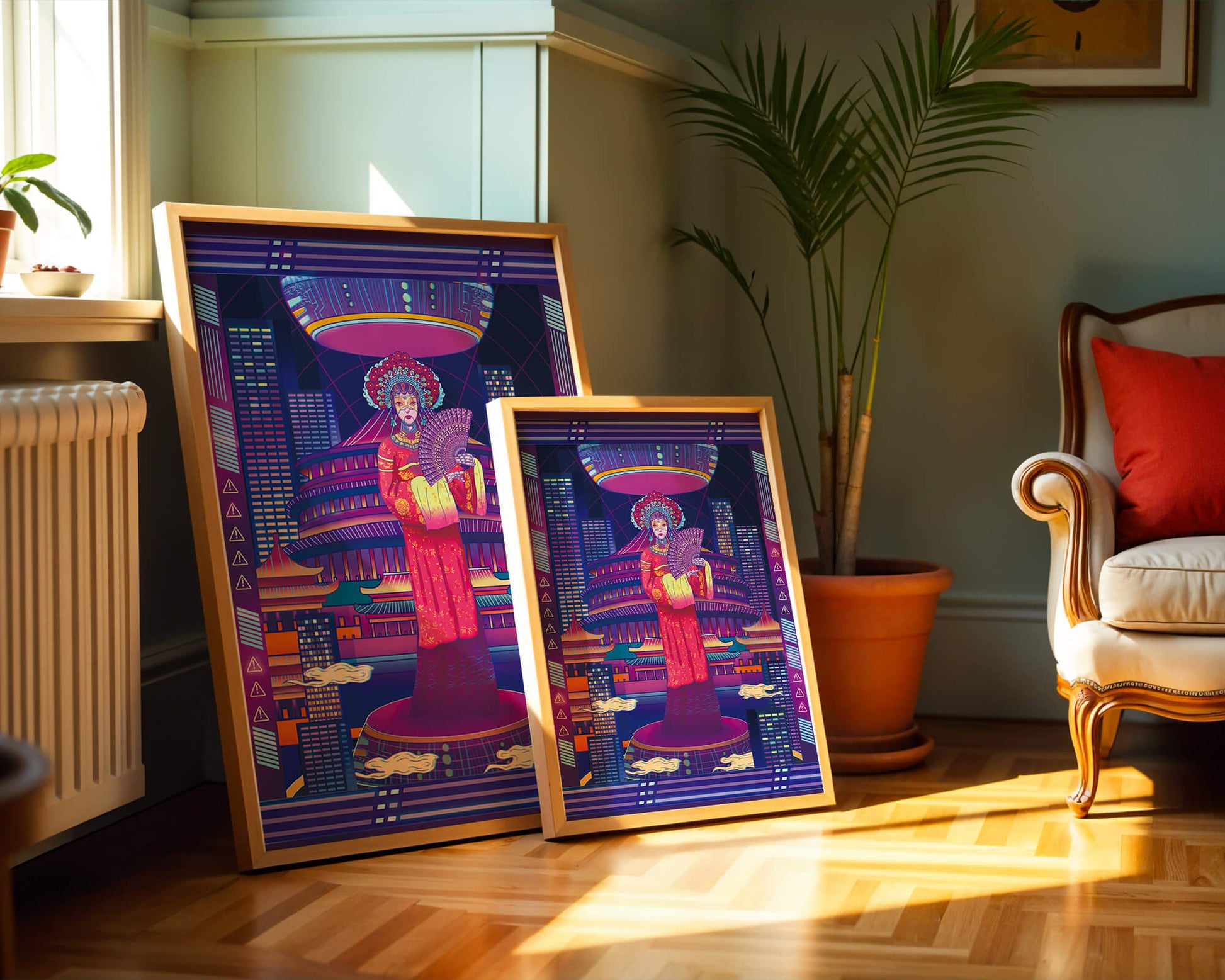 Futuristic Asian Inspired Artwork with Neon Colors and Geisha in Traditional Attire