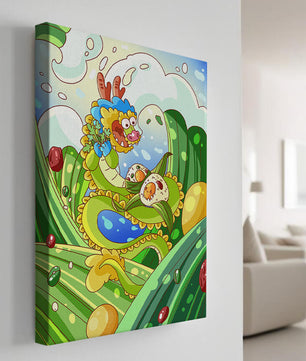 Dragon de dessin animé coloré avec des boulettes dans un paysage fantastique