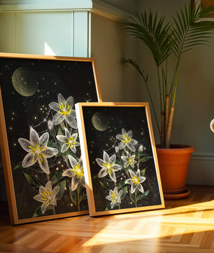 Luminous Night Flowers Under a Starry Sky with Golden Moon - Mi tienda