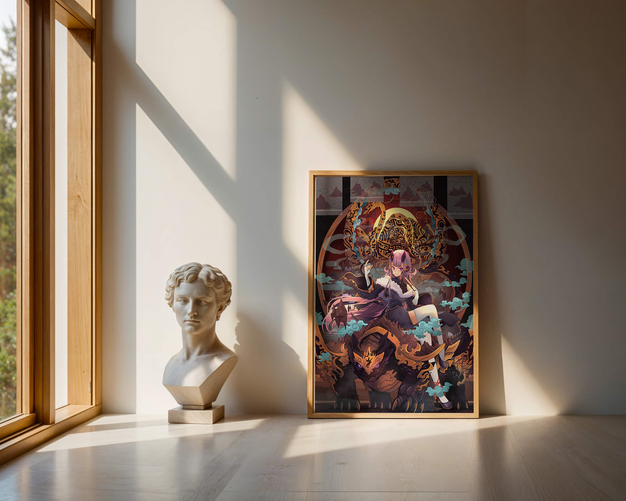 Fantasy character with mythical beast in vibrant illustration