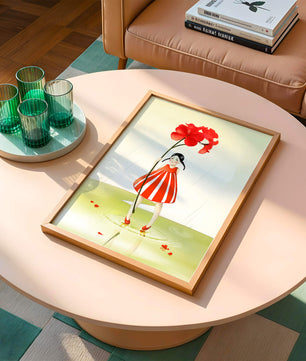 Young girl holding large red flower standing in puddle illustration