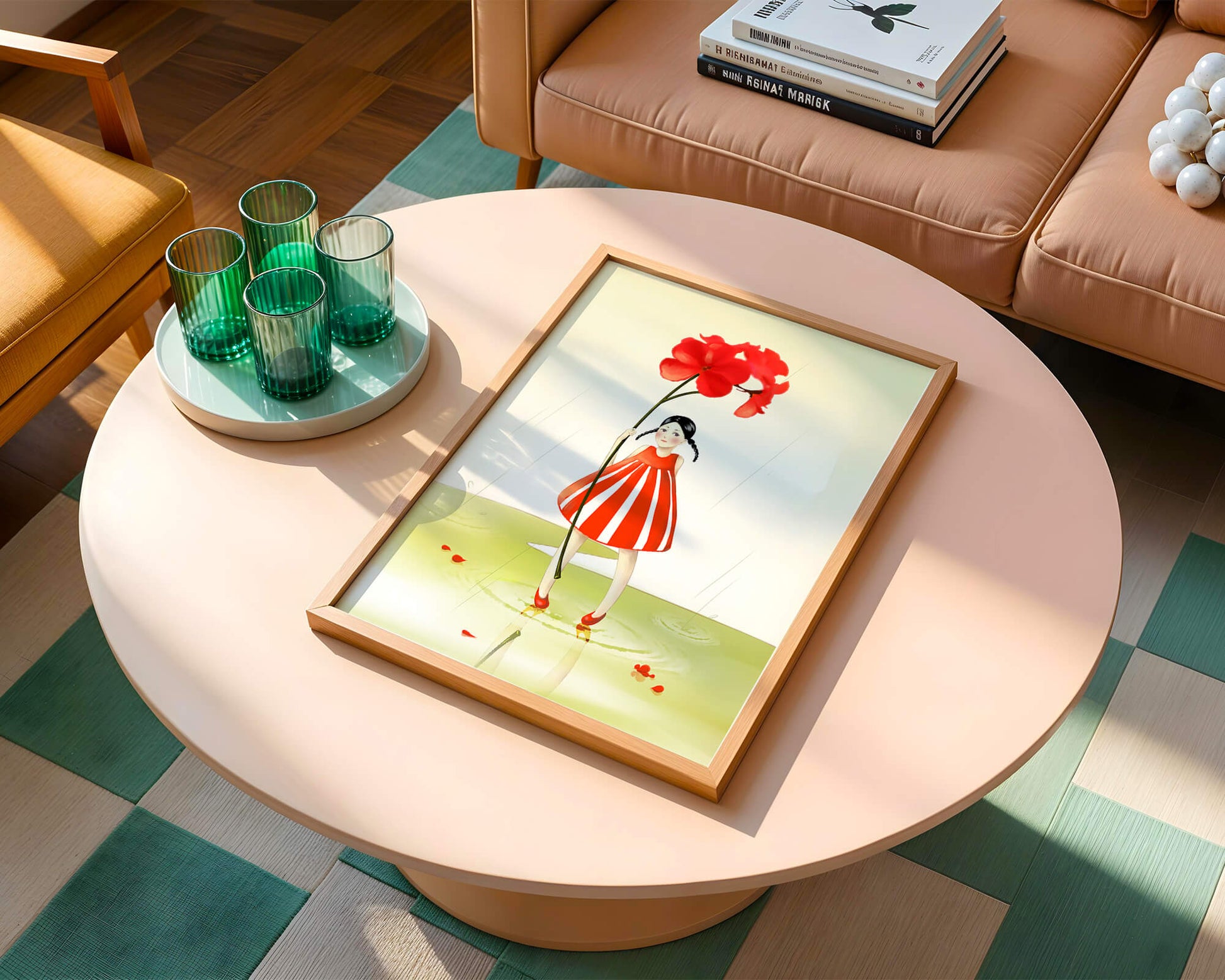 Young girl holding large red flower standing in puddle illustration