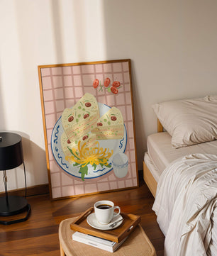 Illustration of layered cake on patterned plate with flowers and a cup