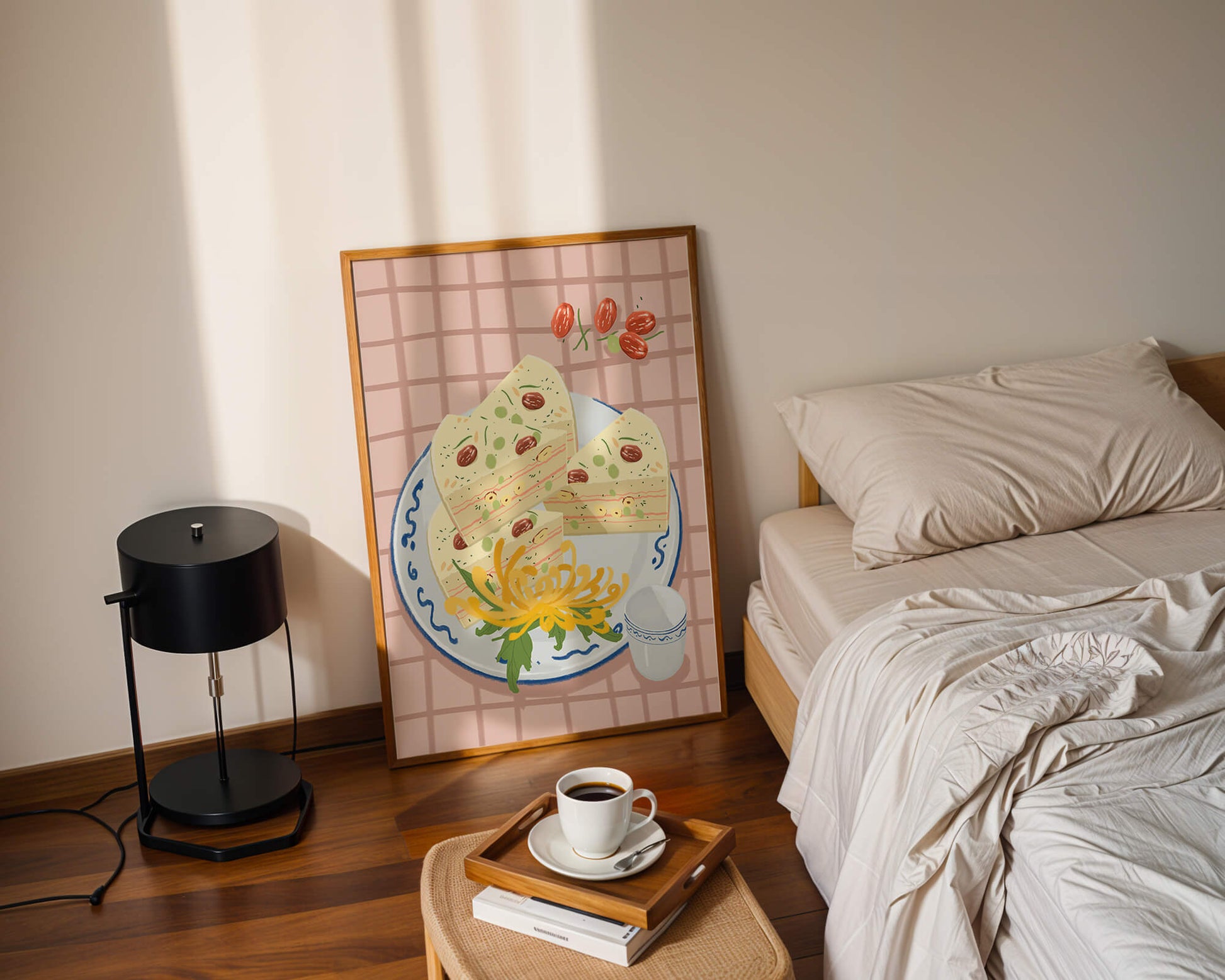 Illustration of layered cake on patterned plate with flowers and a cup