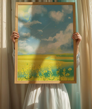 Sunny Meadow with Yellow Flowers and Blue Sky Scenic Art